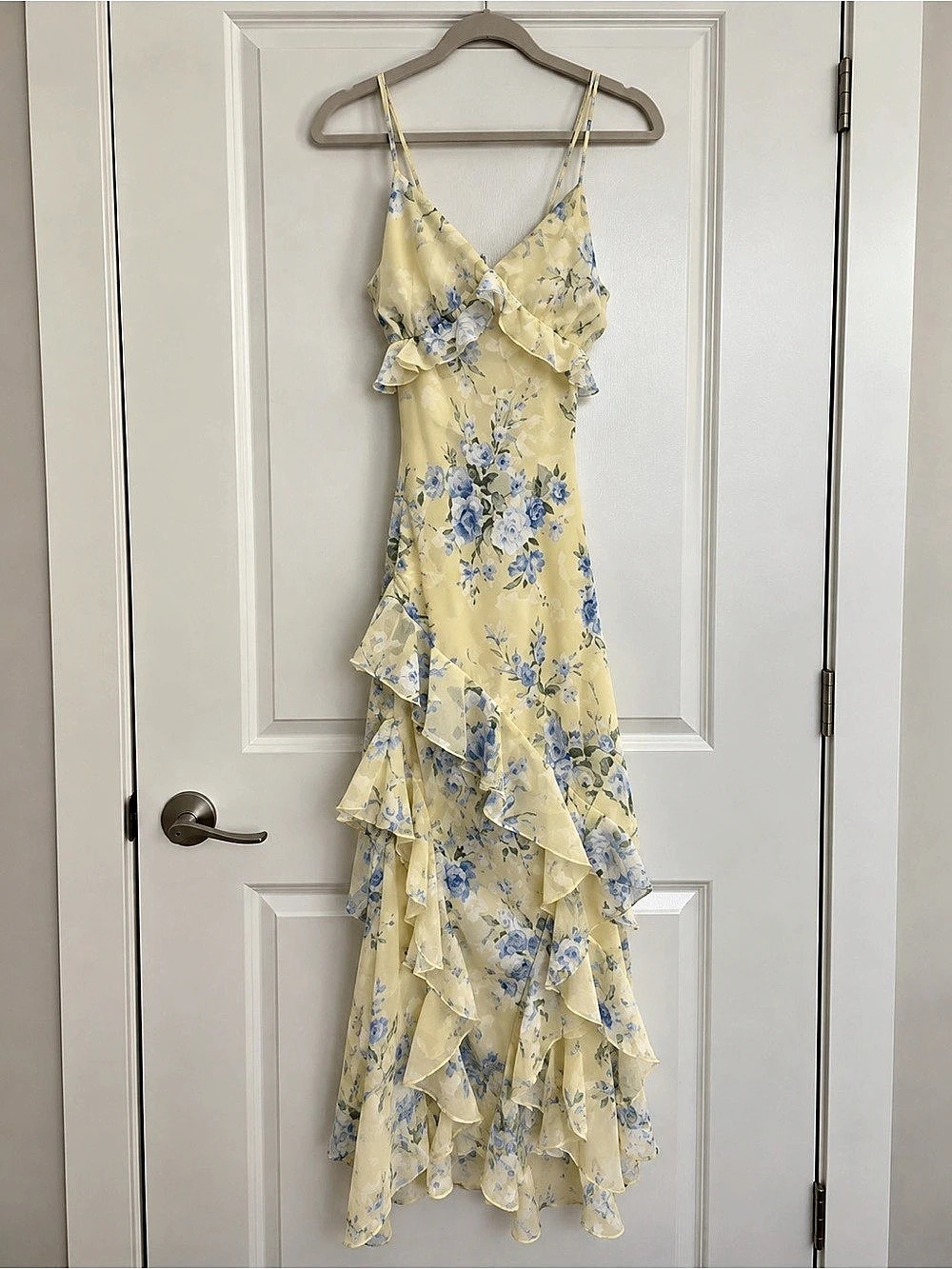 SIR. Cecile Ruffle Slip Dress. Floral Maxi in Yellow & Blue